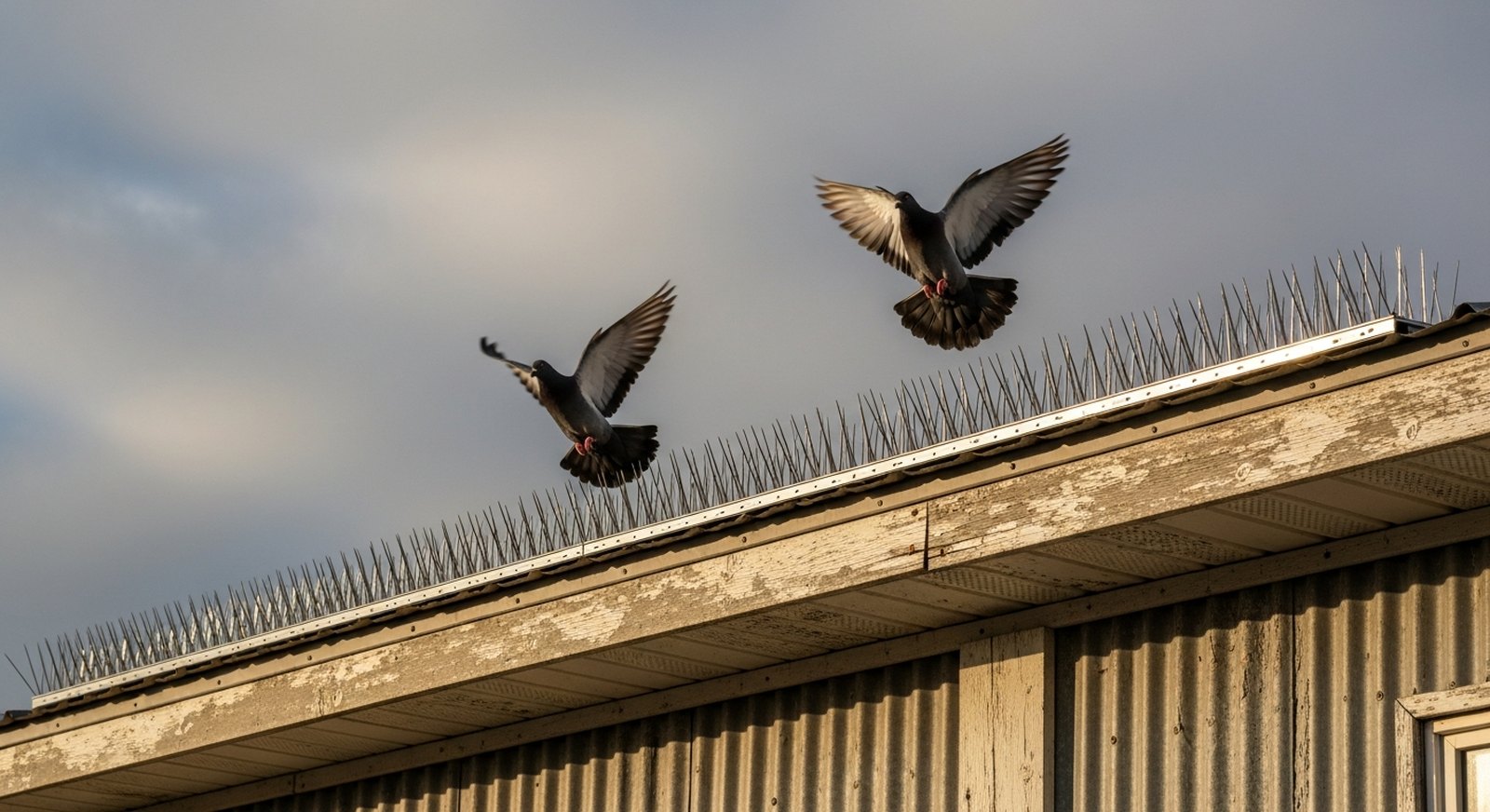 Pigeons flying away from a bird spike strip on a farm building ledge