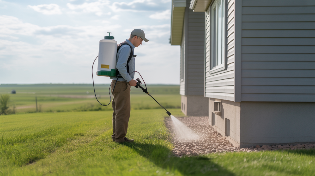 Licensed applicator applying a total insect control barrier treatment around a Manitoba home