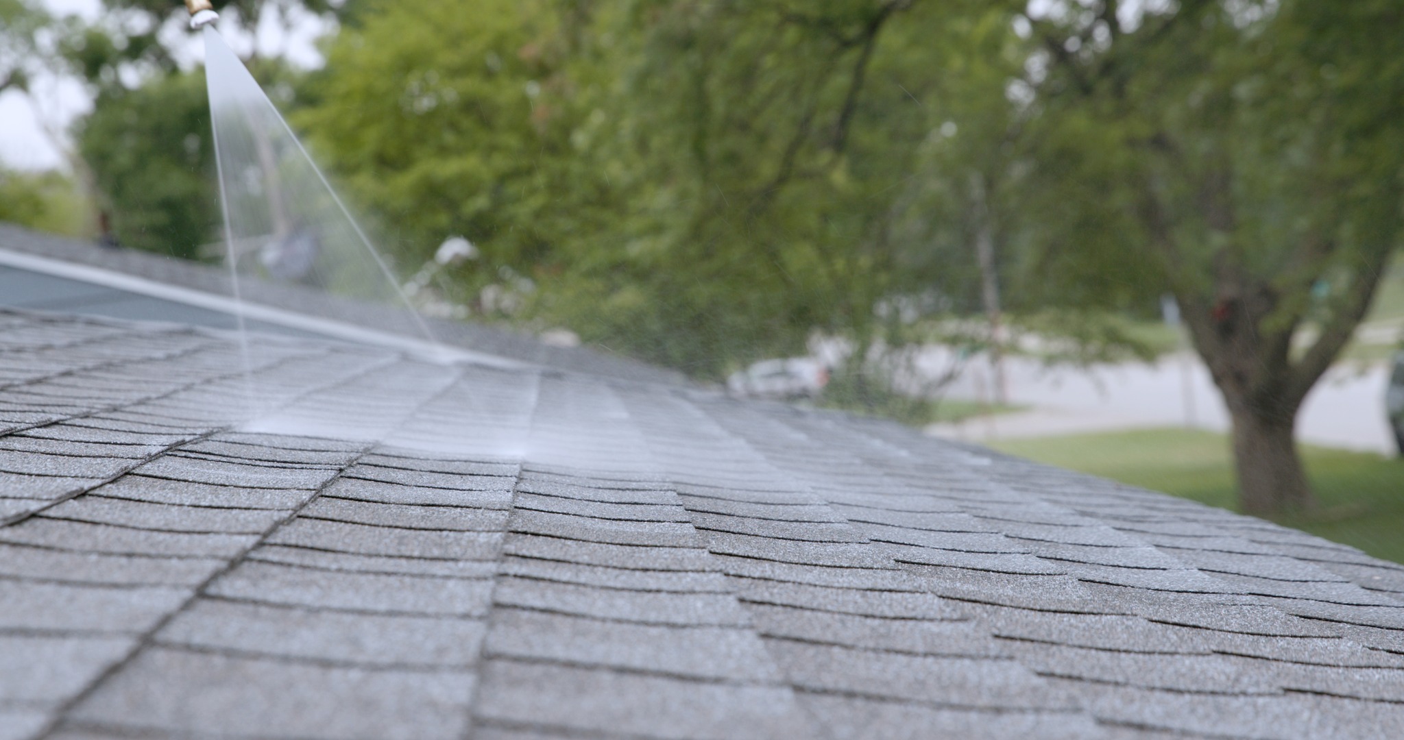 Restored dark shingle roof on Manitoba home after GreenSoy rejuvenation treatment