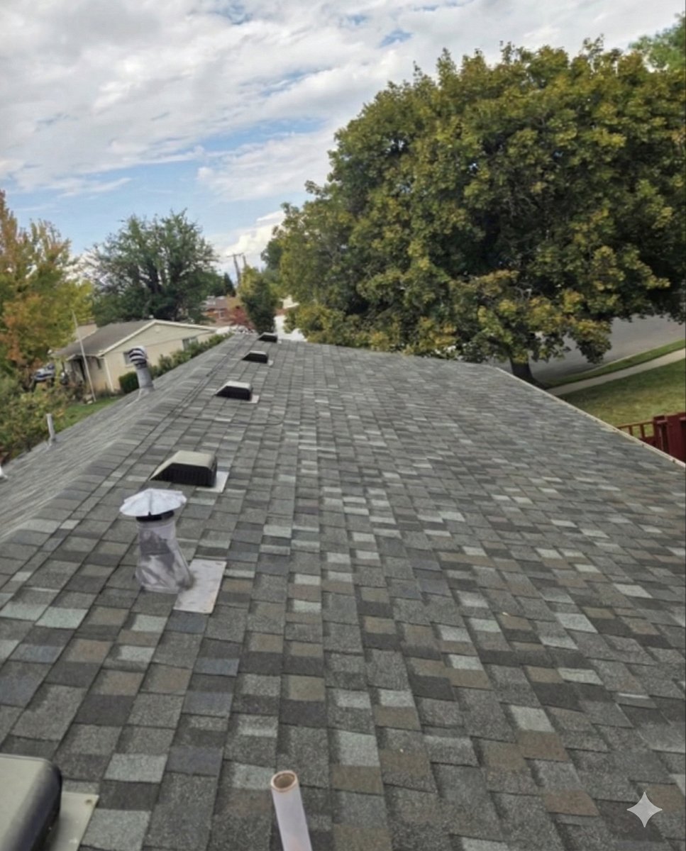 Dark rejuvenated roof shingles viewed from above in Manitoba
